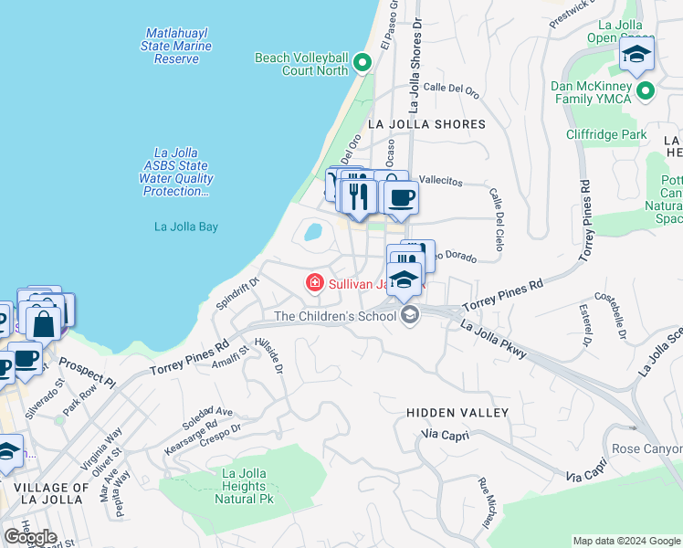 map of restaurants, bars, coffee shops, grocery stores, and more near 7865 El Paseo Grande in San Diego