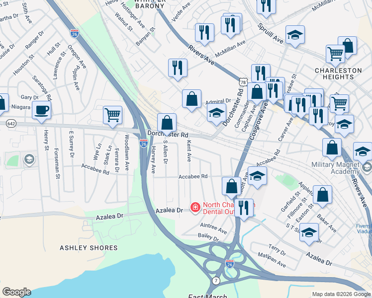 map of restaurants, bars, coffee shops, grocery stores, and more near 2313 Sorentrue Avenue in North Charleston