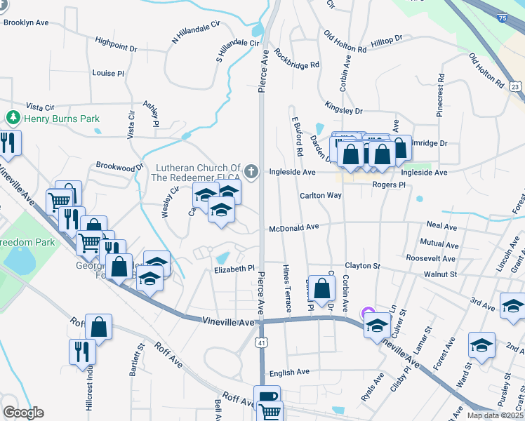 map of restaurants, bars, coffee shops, grocery stores, and more near Pierce Avenue in Macon