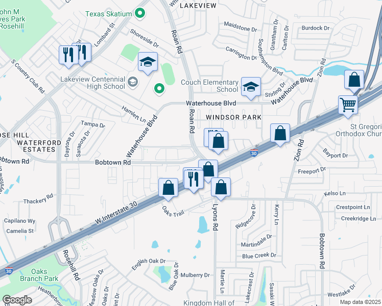 map of restaurants, bars, coffee shops, grocery stores, and more near 3830 Easton Meadows Drive in Garland