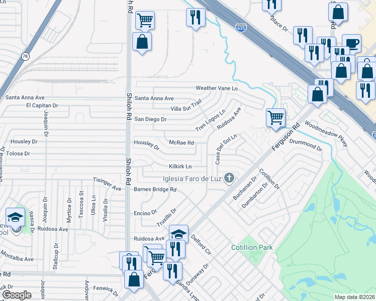 map of restaurants, bars, coffee shops, grocery stores, and more near 3054 Housley Drive in Dallas