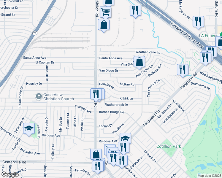map of restaurants, bars, coffee shops, grocery stores, and more near 2954 Housley Drive in Dallas