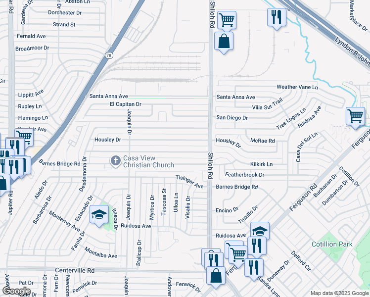 map of restaurants, bars, coffee shops, grocery stores, and more near 2726 Tolosa Drive in Dallas