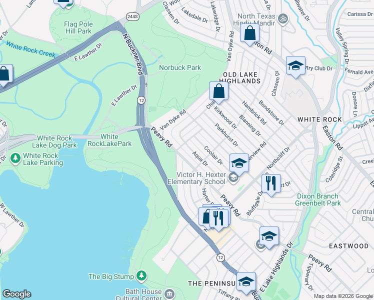 map of restaurants, bars, coffee shops, grocery stores, and more near 514 Peavy Road in Dallas