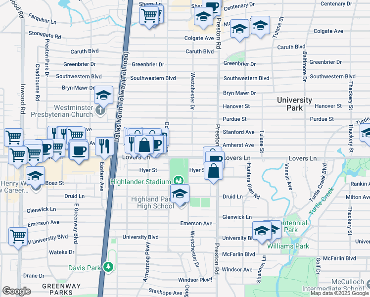 map of restaurants, bars, coffee shops, grocery stores, and more near 4208 Lovers Lane in Dallas