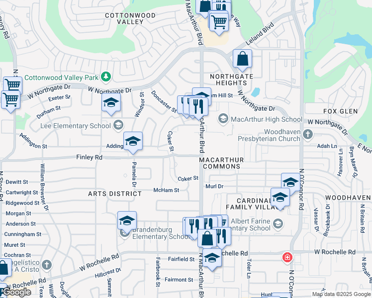 map of restaurants, bars, coffee shops, grocery stores, and more near 3333 North MacArthur Boulevard in Irving