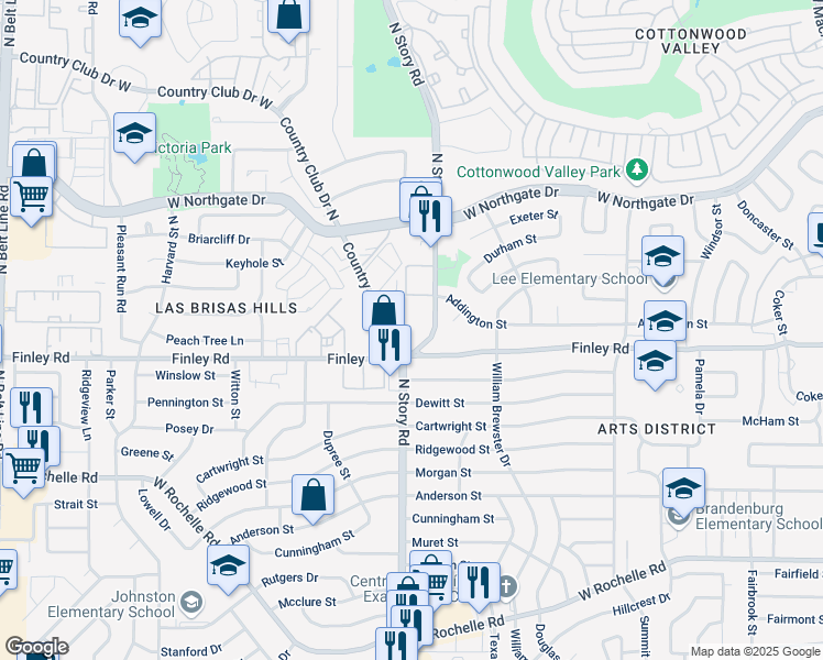 map of restaurants, bars, coffee shops, grocery stores, and more near 3401 North Story Road in Irving