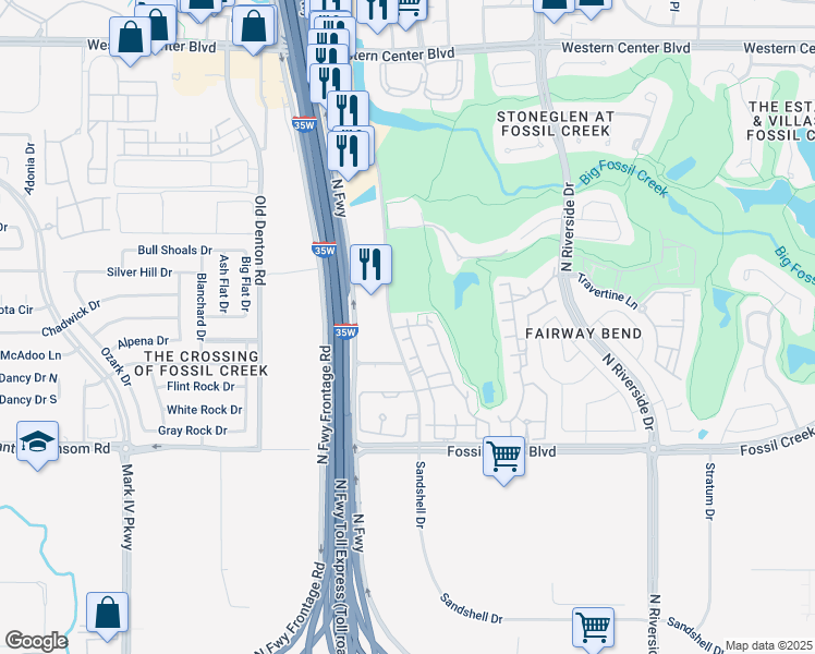map of restaurants, bars, coffee shops, grocery stores, and more near 5771 Sandshell Circle East in Fort Worth