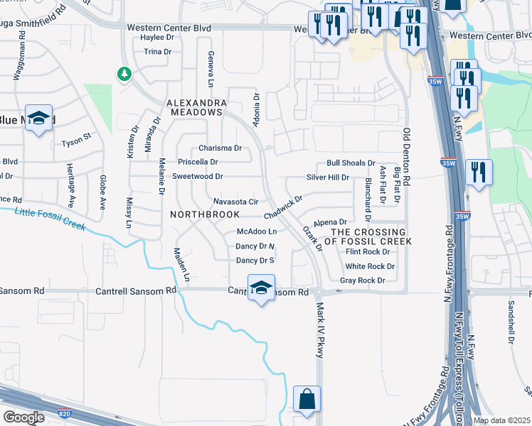 map of restaurants, bars, coffee shops, grocery stores, and more near 2456 Chadwick Drive in Fort Worth