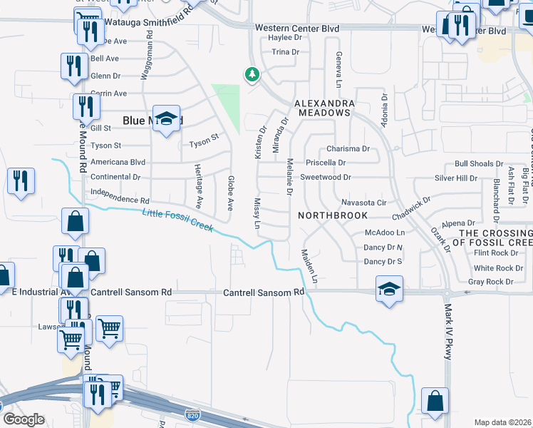 map of restaurants, bars, coffee shops, grocery stores, and more near 2117 Ingrid Lane in Fort Worth