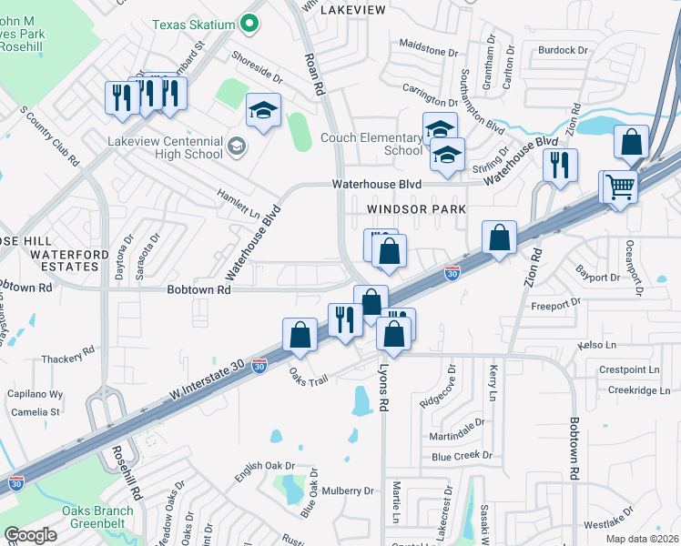 map of restaurants, bars, coffee shops, grocery stores, and more near 3830 Easton Meadows Drive in Garland