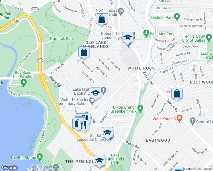 map of restaurants, bars, coffee shops, grocery stores, and more near Kirkwood Drive in Dallas