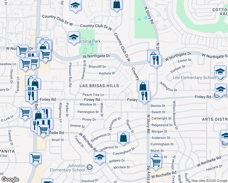 map of restaurants, bars, coffee shops, grocery stores, and more near 2427 Finley Road in Irving