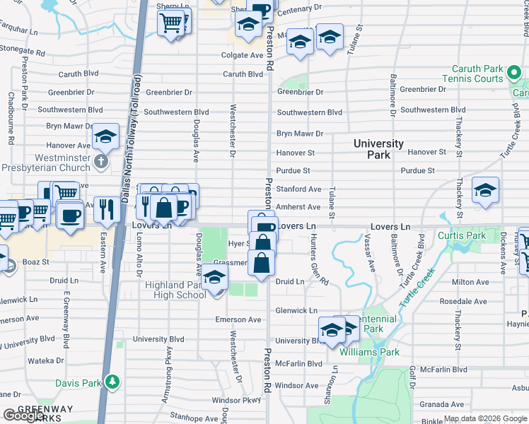 map of restaurants, bars, coffee shops, grocery stores, and more near in University Park