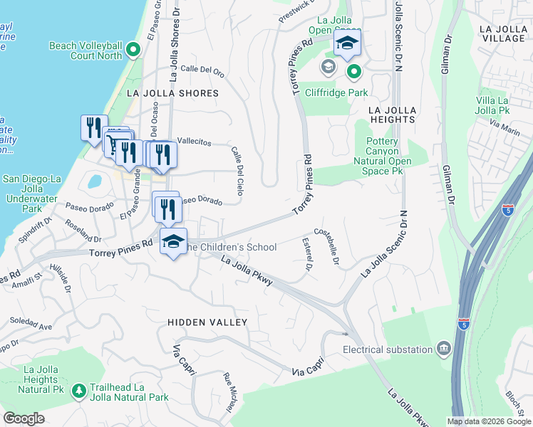 map of restaurants, bars, coffee shops, grocery stores, and more near 2600 Torrey Pines Road in San Diego
