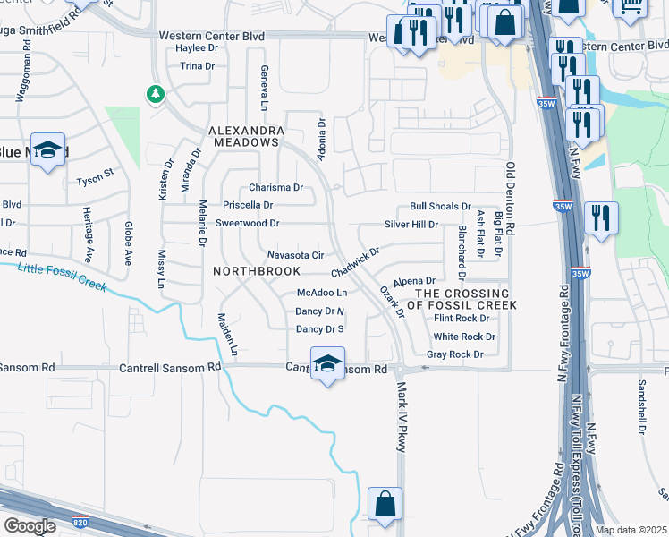 map of restaurants, bars, coffee shops, grocery stores, and more near 2456 Chadwick Drive in Fort Worth