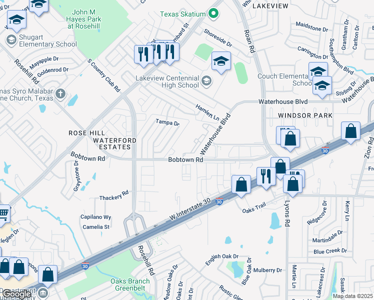 map of restaurants, bars, coffee shops, grocery stores, and more near 3401 Bobtown Road in Garland