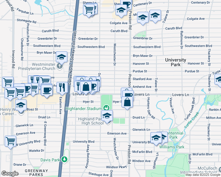 map of restaurants, bars, coffee shops, grocery stores, and more near 4208 Lovers Lane in Dallas