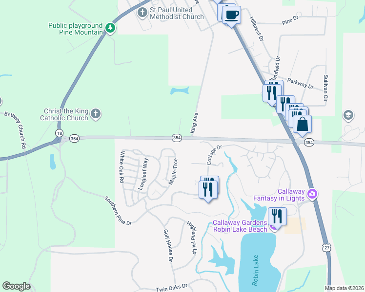 map of restaurants, bars, coffee shops, grocery stores, and more near 2277 Mulberry Lane in Pine Mountain