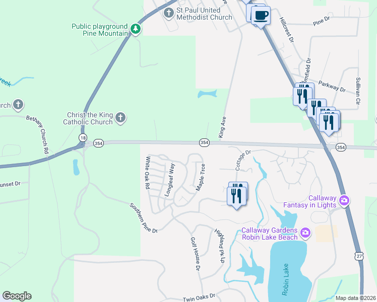map of restaurants, bars, coffee shops, grocery stores, and more near 143 Maple Trce in Pine Mountain