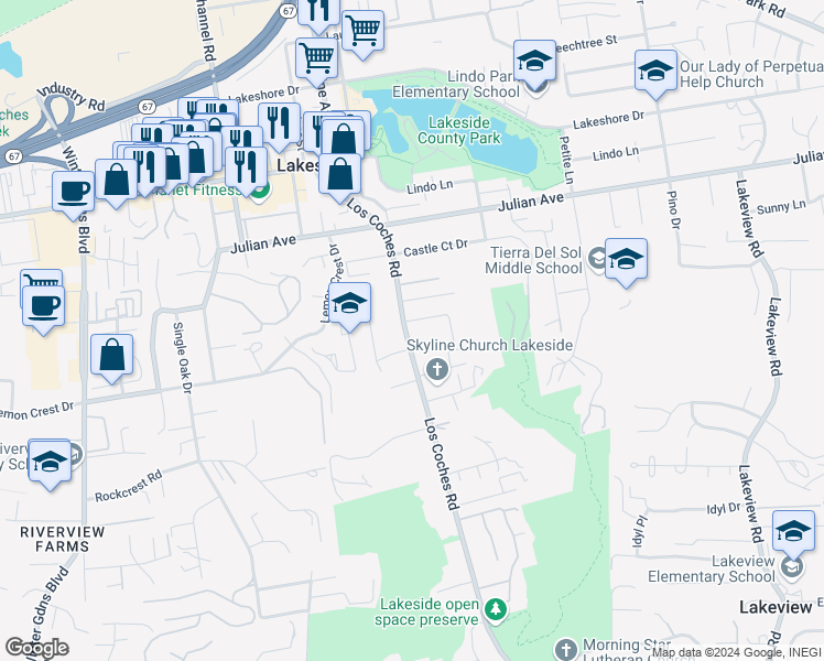 map of restaurants, bars, coffee shops, grocery stores, and more near 9543 Los Coches Road in Lakeside