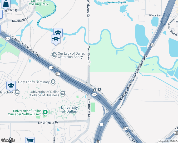 map of restaurants, bars, coffee shops, grocery stores, and more near 3002 Tom Braniff Drive in Irving
