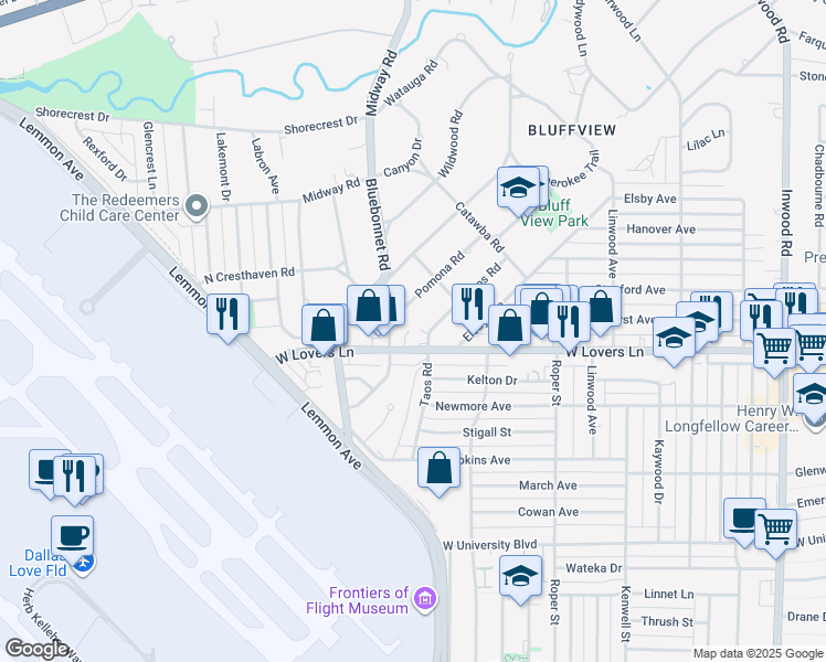 map of restaurants, bars, coffee shops, grocery stores, and more near 4313 West Lovers Lane in Dallas