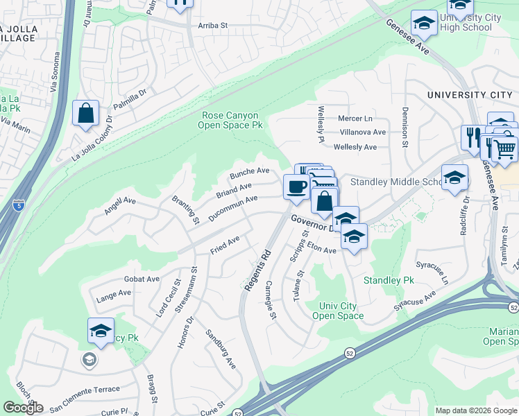 map of restaurants, bars, coffee shops, grocery stores, and more near 3128 Governor Drive in San Diego