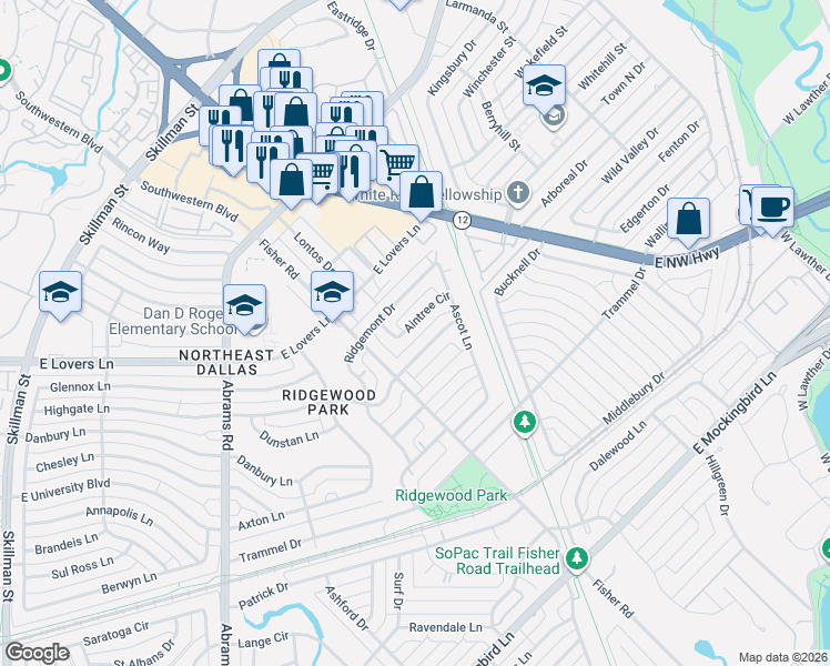 map of restaurants, bars, coffee shops, grocery stores, and more near 6635 Highgate Lane in Dallas