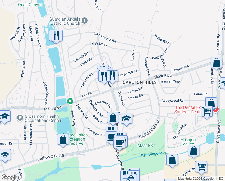 map of restaurants, bars, coffee shops, grocery stores, and more near Mast Boulevard & Carlton Hills Boulevard in Santee