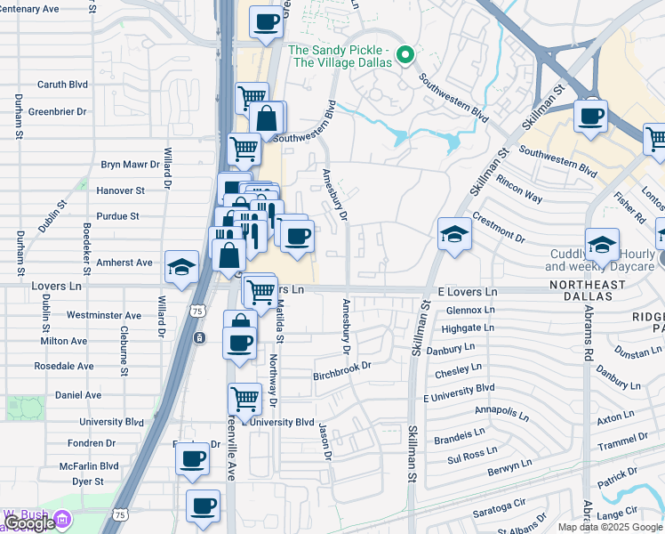 map of restaurants, bars, coffee shops, grocery stores, and more near 5349 Amesbury Drive in Dallas