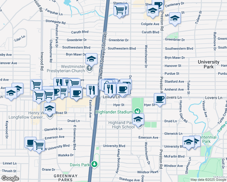 map of restaurants, bars, coffee shops, grocery stores, and more near 4442 Lovers Lane in Dallas