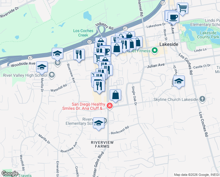 map of restaurants, bars, coffee shops, grocery stores, and more near 12101 Wintercrest Drive in Lakeside