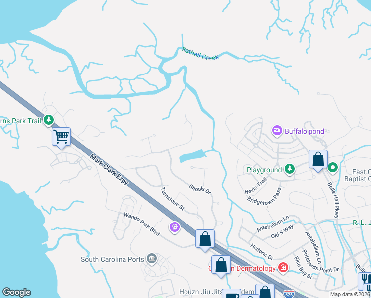 map of restaurants, bars, coffee shops, grocery stores, and more near 258 River Oak Drive in Mount Pleasant