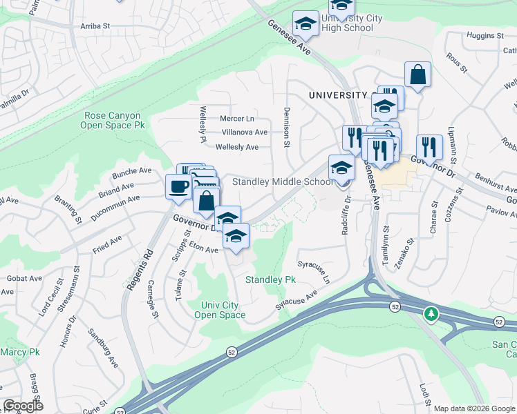 map of restaurants, bars, coffee shops, grocery stores, and more near 3512 Governor Drive in San Diego