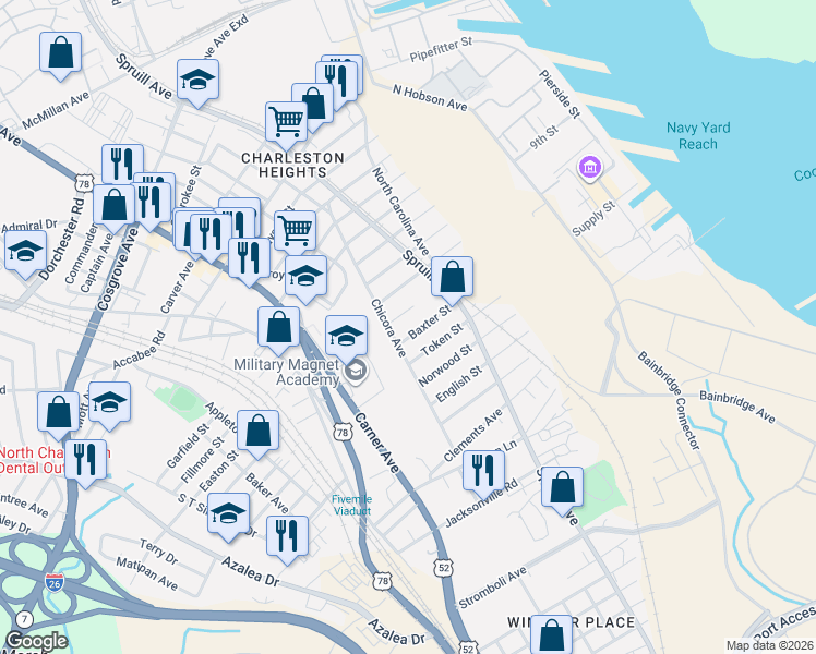 map of restaurants, bars, coffee shops, grocery stores, and more near 1938 Baxter Street in North Charleston