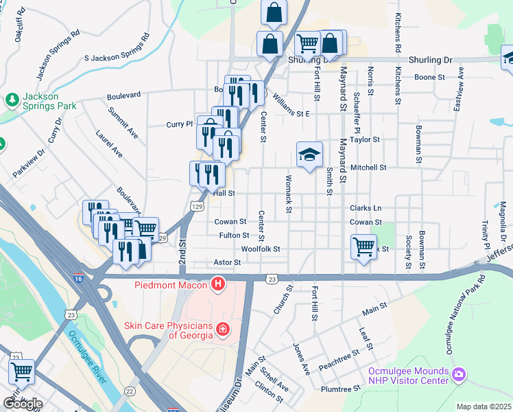 map of restaurants, bars, coffee shops, grocery stores, and more near 832 Center Street in Macon