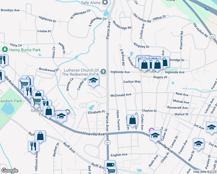 map of restaurants, bars, coffee shops, grocery stores, and more near Pierce Avenue in Macon