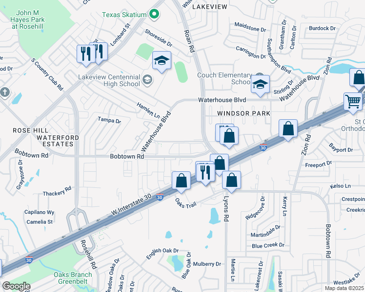 map of restaurants, bars, coffee shops, grocery stores, and more near 3602 Easton Meadows Drive in Garland
