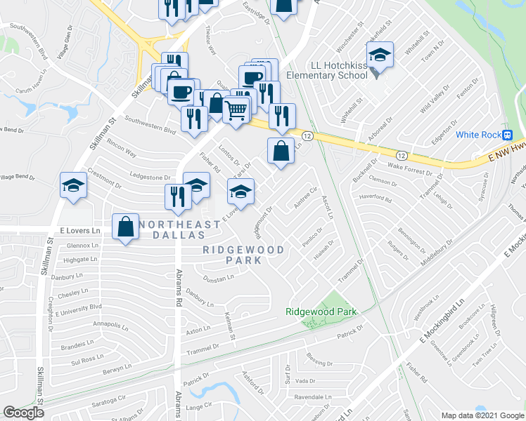 map of restaurants, bars, coffee shops, grocery stores, and more near 6549 Fisher Road in Dallas
