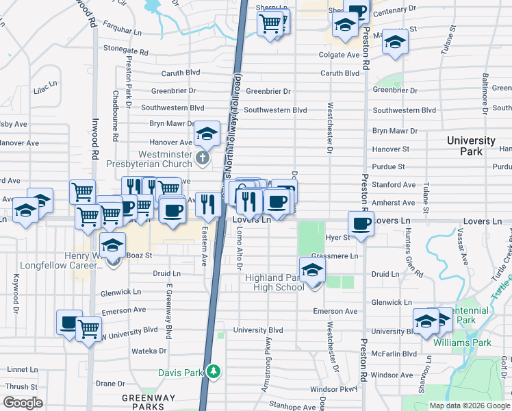 map of restaurants, bars, coffee shops, grocery stores, and more near 4442 Lovers Lane in Dallas