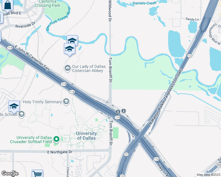 map of restaurants, bars, coffee shops, grocery stores, and more near 3002 Tom Braniff Drive in Irving