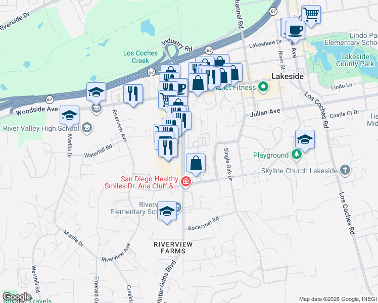 map of restaurants, bars, coffee shops, grocery stores, and more near in Winter Gardens