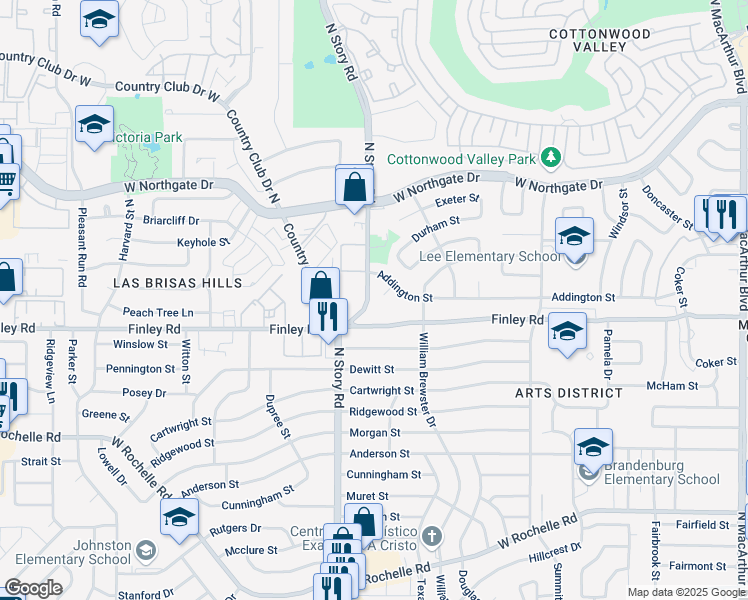 map of restaurants, bars, coffee shops, grocery stores, and more near 3500 North Story Road in Irving