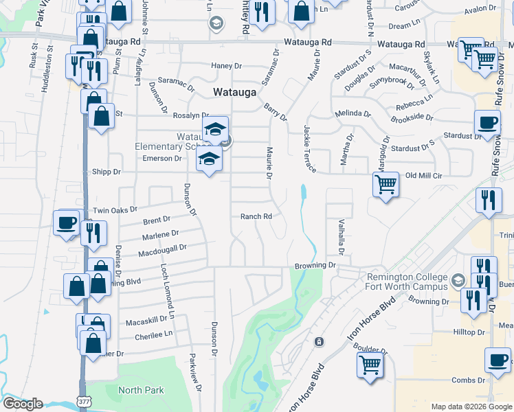 map of restaurants, bars, coffee shops, grocery stores, and more near 5917 Ranch Road in Haltom City