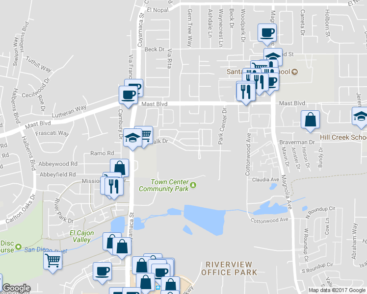 map of restaurants, bars, coffee shops, grocery stores, and more near 10037 Leavesly Trail in Santee