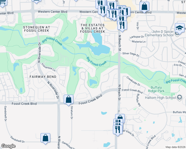 map of restaurants, bars, coffee shops, grocery stores, and more near 4241 Shores Court in Fort Worth