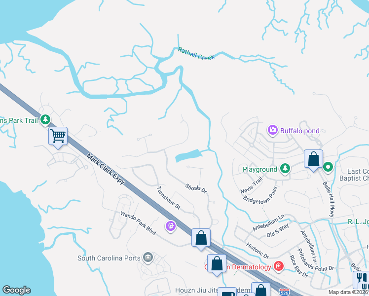 map of restaurants, bars, coffee shops, grocery stores, and more near 258 River Oak Drive in Mount Pleasant