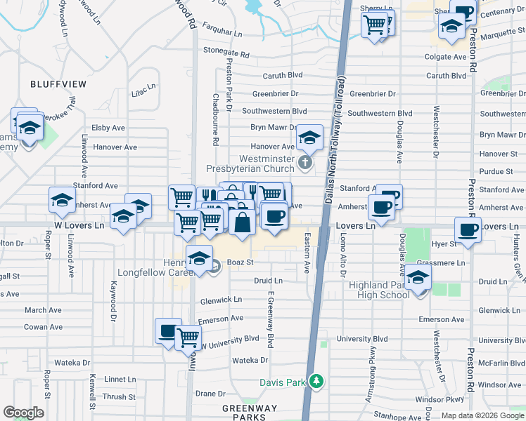 map of restaurants, bars, coffee shops, grocery stores, and more near 5567 West Lovers Lane in Dallas