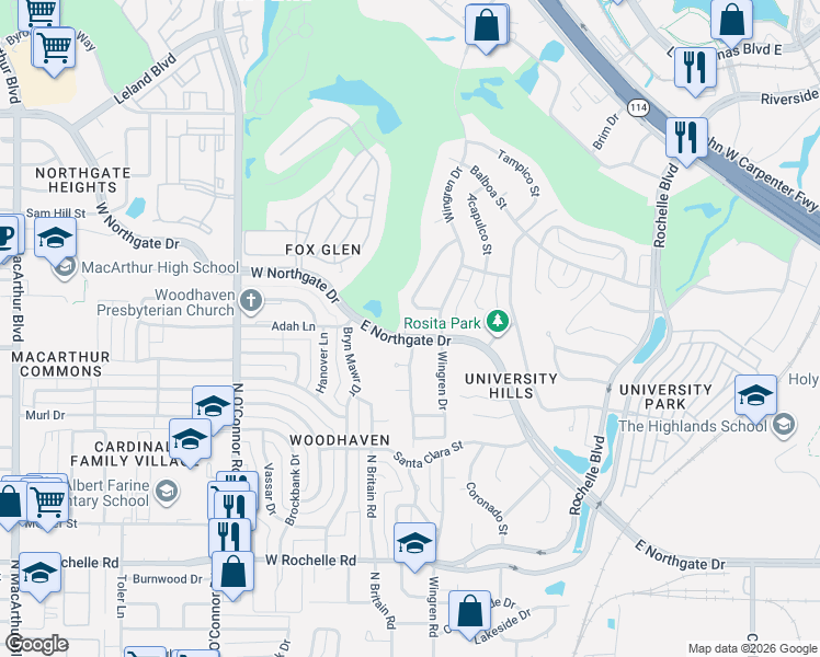 map of restaurants, bars, coffee shops, grocery stores, and more near 3608 Gentry Road in Irving